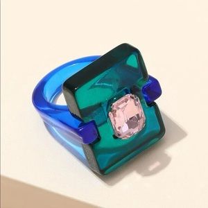 Blue, Green and Pink Rhinestone Resin Decor Ring Size 6 New